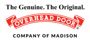 Red and white arched banner logo with the words OVERHEAD DOOR in bold, uppercase letters. The ends of the banner are folded and the logo has a registered trademark symbol.