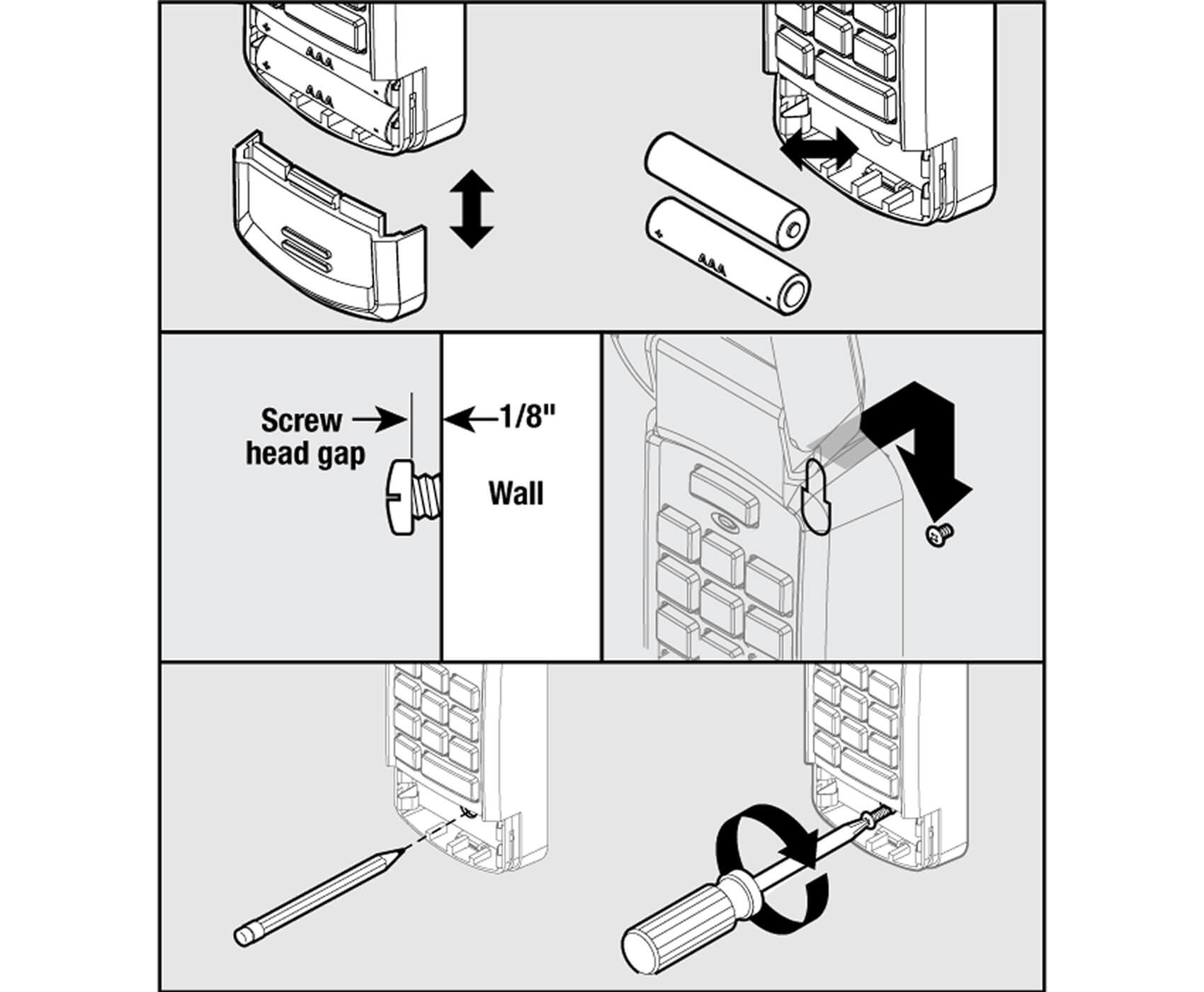 Black and white instructions show removing a battery cover and batteries from the Wireless Keypad, installing a screw slightly away from the wall, hanging the device on it, and tightening a screw at the bottom with a screwdriver.