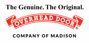 A red and white ribbon-shaped logo with the words OVERHEAD DOOR in bold, white capital letters on a red background.