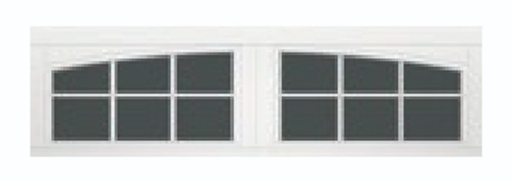 A rectangular window with eight glass panes, divided vertically into two sections, each section topped with a white decorative arch.