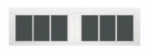 A white-framed rectangular window with two sections, each containing three dark glass panes.