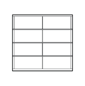 A simple illustration of a rectangular bookshelf with three shelves, each divided into two sections, creating a total of six compartments. The background is a solid blue-gray color.