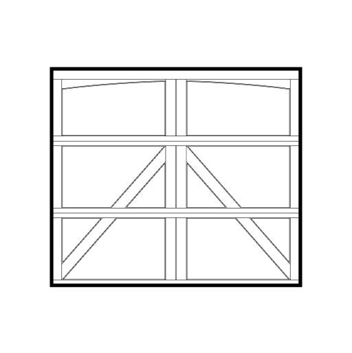 Black and white line drawing of a wooden gate with horizontal planks, diagonal cross-braces, and a curved top rail. The structure appears sturdy and symmetrical.