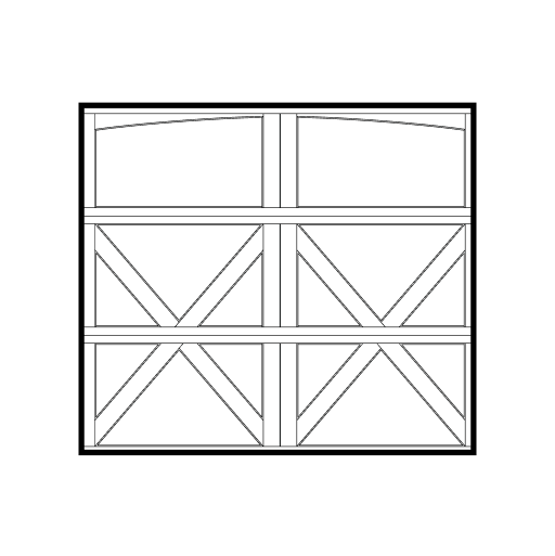 Black-and-white line drawing of a double garage door with four rectangular panels, each featuring a pattern of diagonal and vertical lines forming X and rectangle shapes.