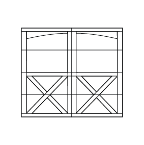 A simple black line drawing of two large rectangular shelves side by side, each with multiple compartments and diagonal supports forming X shapes in the lower sections, on a blue-gray background.