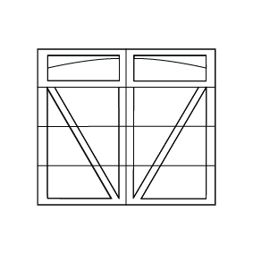 Line drawing of a double garage door with windows at the top, decorative crossbars, and diagonal braces forming a V shape on each side. The design is symmetrical and simple.