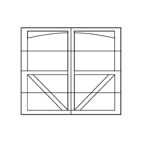 A simple line drawing of a symmetrical window divided into four sections, each with geometric lines and shapes, including curved and diagonal lines in the top and bottom sections.