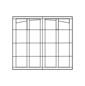 A black line drawing of a rectangular window with two panels, each panel divided into eight smaller panes by a grid of vertical and horizontal lines. The top panes have a slightly curved upper edge.