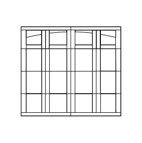 Line drawing of a double window from the Courtyard Collection, featuring multiple rectangular panes and curved lines at the top, set against a plain blue-gray background.