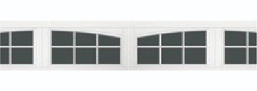 White garage door windows with rectangular and arch-shaped window panes, divided into grids by white framing, set against a light background.