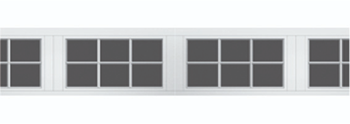 A row of four rectangular white-framed windows, each divided into six panes by white muntins, set against a plain background.