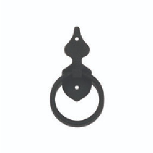 A black metal door knocker with a round ring attached to a decorative backplate, mounted against a plain white background.
