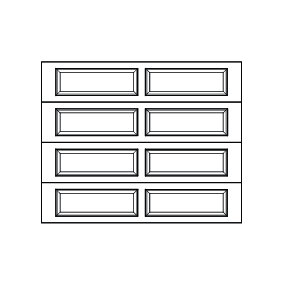 A simple black outline drawing of a rectangular garage door with four horizontal rows, each containing two raised rectangular panels, on a solid gray background.
