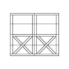 A simple black outline drawing of two adjacent rectangular shelves, each divided into nine smaller rectangles, with large X-shapes crossing through the lower four sections of both shelves.