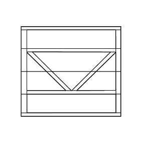 A geometric design featuring a black outlined box with horizontal and vertical lines, and a large downward-pointing triangle in the center, all on a blue-gray background.