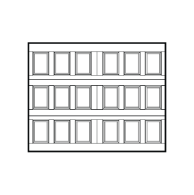 A simple line drawing of three rows of rectangular windows arranged in a grid on a flat rectangular building facade, displayed on a muted blue-gray background.