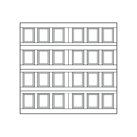 A simple line drawing of a bookshelf with four shelves, each containing five rectangular books or boxes, all evenly spaced against a solid background.