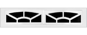 A rectangular white-framed window with two sections, each featuring a fan-shaped grid pattern over black glass panes.