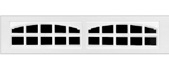 A white rectangular window panel with two sections, each featuring an arched top and a grid of square panes, set against a plain background.