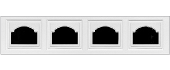 A white rectangular panel featuring four evenly spaced windows, each with a black arched design in the center.