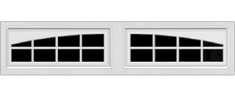 A pair of white rectangular garage door windows with black panes, featuring a row of small square sections and an arched top edge within a white frame.