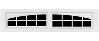 Rectangular white garage door window panel with two sections, each featuring six rectangular panes and an arched grid design along the top row of panes, set against a black background.