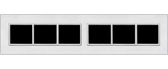 A white rectangular panel with six black window panes arranged in two groups of three, separated by a vertical divider. Each pane is outlined with a white frame.