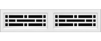 A rectangular white air vent cover with two side-by-side grilles, each featuring a geometric horizontal and vertical bar pattern, set against a black background.