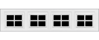 A white rectangular panel with four evenly spaced, square window sections, each divided into four smaller panes with black backgrounds.