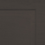 A close-up view of a dark brown wooden door panel, showing the raised rectangular design and wood grain texture.