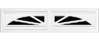 White garage door panel with two rectangular windows, each featuring a modern, geometric design of angled white bars dividing the black glass sections.