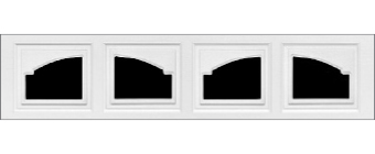 A white panel featuring four rectangular windows, each with a curved black insert in the upper left corner, arranged in a horizontal row.