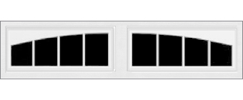 White garage door windows with black panes, each window divided into four sections by white muntins. The tops of the panes are arched, creating a curved appearance across both windows.