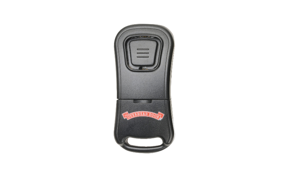 A black Overhead Door 1-button remote for your garage door opener, shown on a white background.