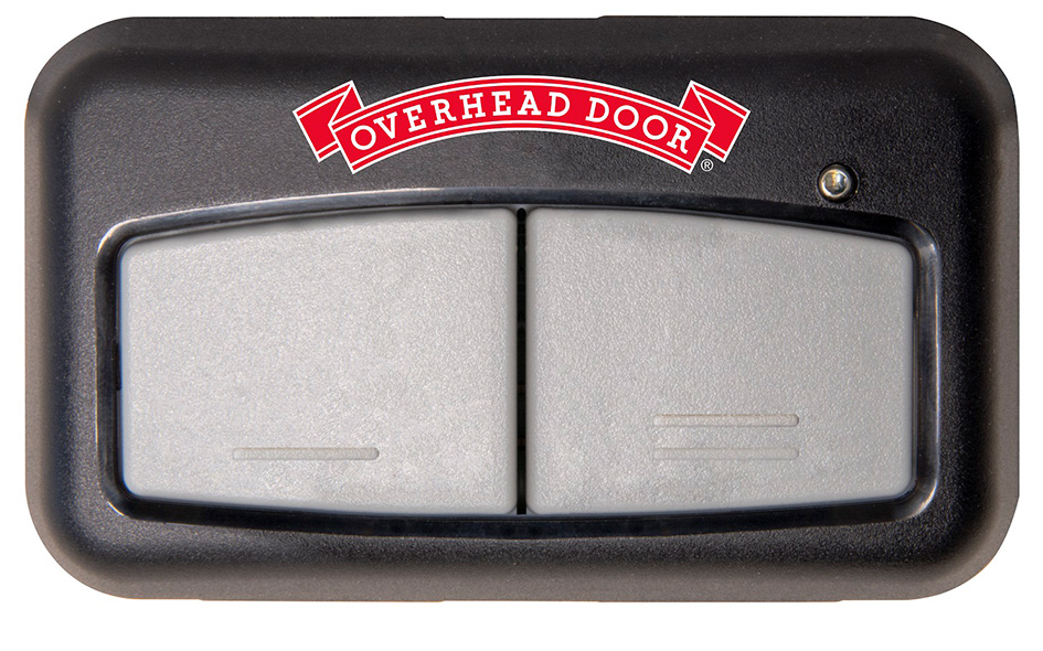 A sleek black and gray 2 Button Remote garage door opener featuring the Overhead Door logo in red and white above the buttons.