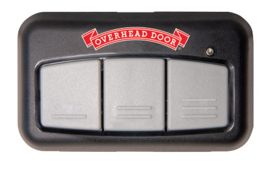 A black and gray 3 Button Remote garage door opener with the red Overhead Door logo displayed above the buttons.