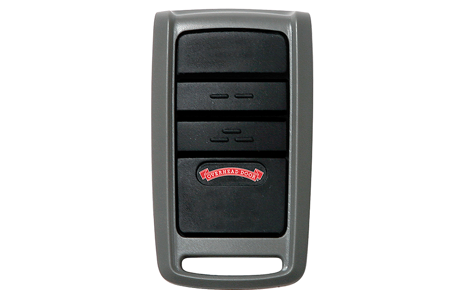 A black 3 Button Remote garage door control with gray trim, featuring the Overhead Door logo near the bottom center.