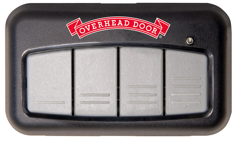 A black Overhead Door 4 Button Garage Remote with four gray buttons and a small indicator light, featuring the red Overhead Door logo at the top.