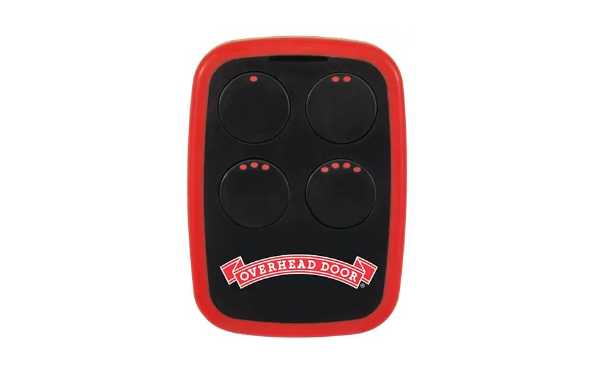A black and red universal remote with four round buttons for your garage door opener or gate opener, featuring the Overhead Door logo at the bottom.