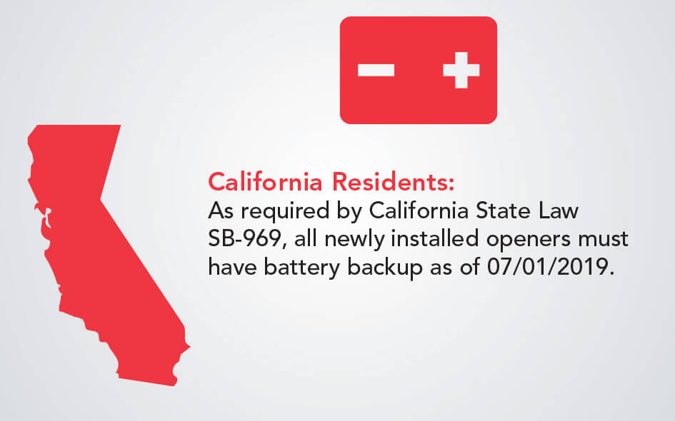 A red silhouette of California and a red battery icon accompany text explaining that as of 07/01/2019, California law requires all new Garage Door Openers to have Battery Backup.