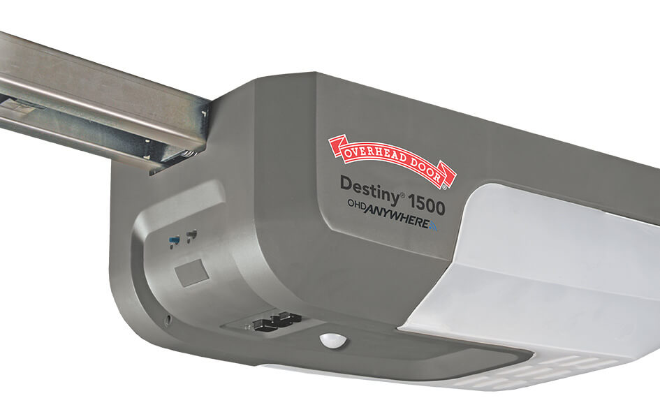 Close-up view of the Destiny 1500 Garage Door Opener with a gray body, control buttons, and a white light panel, featuring the “Destiny 1500” and “Anywhere” branding.