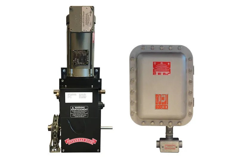Two industrial devices: on the left, an RHX mechanical motor-driven assembly with labels and a visible chain; on the right, an explosion-proof operator housed in a rectangular, sealed metal enclosure with bolts and warning labels.