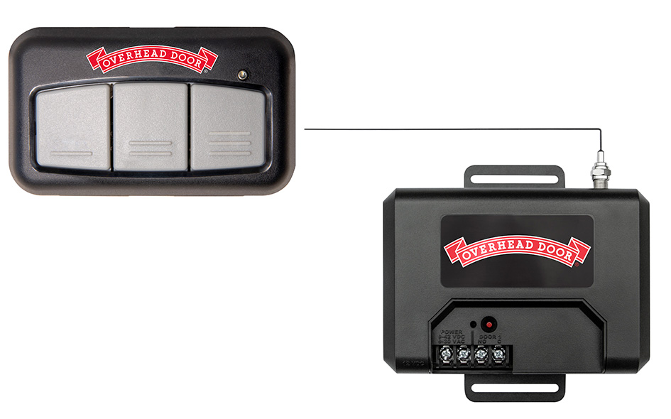 A black Overhead Door Garage Door Opener remote with three gray buttons is shown connected by a line to a matching Overhead Door receiver unit with terminals and an antenna—a convenient garage door conversion kit.