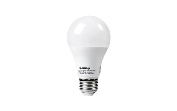 A standard white LED light bulb, ideal as a garage door light, with a frosted top, silver screw base, and printed specifications on the lower part of the bulb, shown against a plain white background.