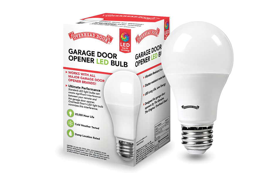 A Garage Door Opener LED Light Bulb is shown beside its packaging, which highlights features like compatibility with major garage door opener brands, 25,000-hour life, cold weather testing, and damp location rating.