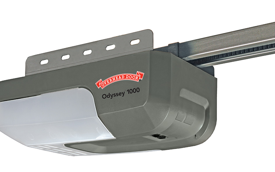 A close-up view of the Garage Door Opener Odyssey 1000 shows the sleek gray unit with a white light cover and metal rail.