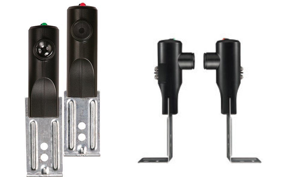 Two black garage door safety beams are mounted on metal brackets—one with a green indicator light, the other red. The image shows both a front and side view of these Garage Door Opener safety sensors.