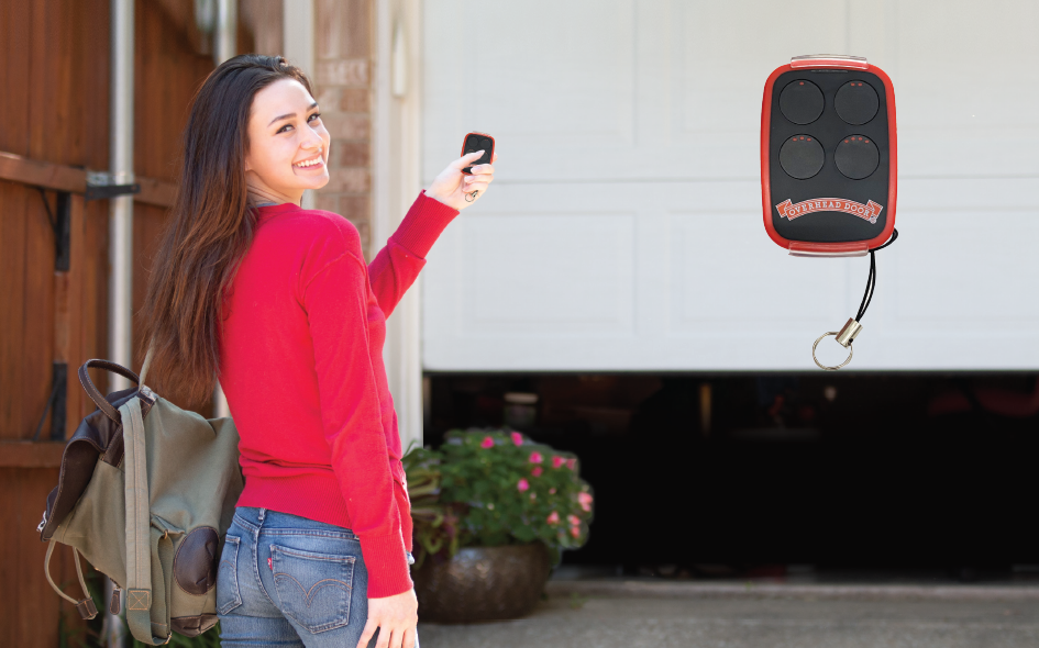 A smiling woman in a red sweater stands outside, holding a universal remote to open a white garage door. She carries a backpack. A close-up of the garage door opener remote is shown in the upper right corner of the image.