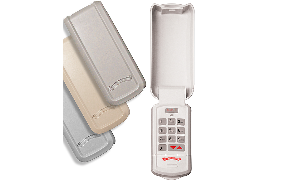 A Garage Door Opener wireless keypad with a flip cover is shown open, revealing numbered buttons and control keys. Three different colored covers—gray, beige, and white—are displayed beside the keypad.