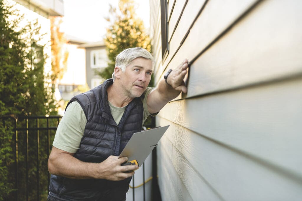A man with gray hair inspects the exterior siding near the garage, clipboard and measuring tape in hand, carefully examining whether garage door repair vs replacement is needed in this outdoor residential setting.